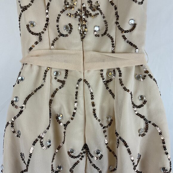 Shail K. Romper 2 Cream Brown Sequin Rhinestones Lined Short Sleeve Tie Waist - Picture 12 of 14